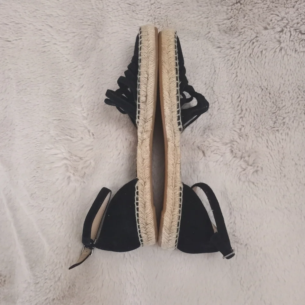 Jewel Badgley Mischka Black Suede Strappy Espadrilles with Buckle Ankle Strap